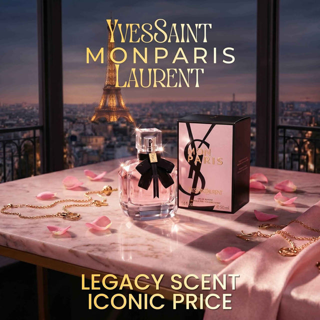 YSL perfume bottle and packaging with Eiffel Tower in the background