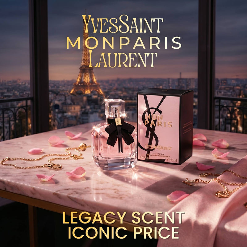 YSL perfume bottle and packaging with Eiffel Tower in the background
