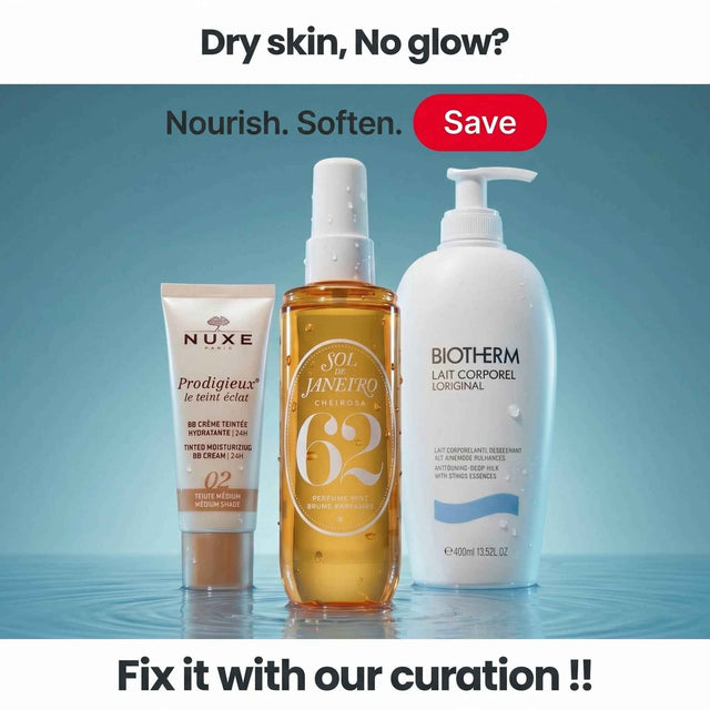 Three skincare products on a blue background with promotional text.
