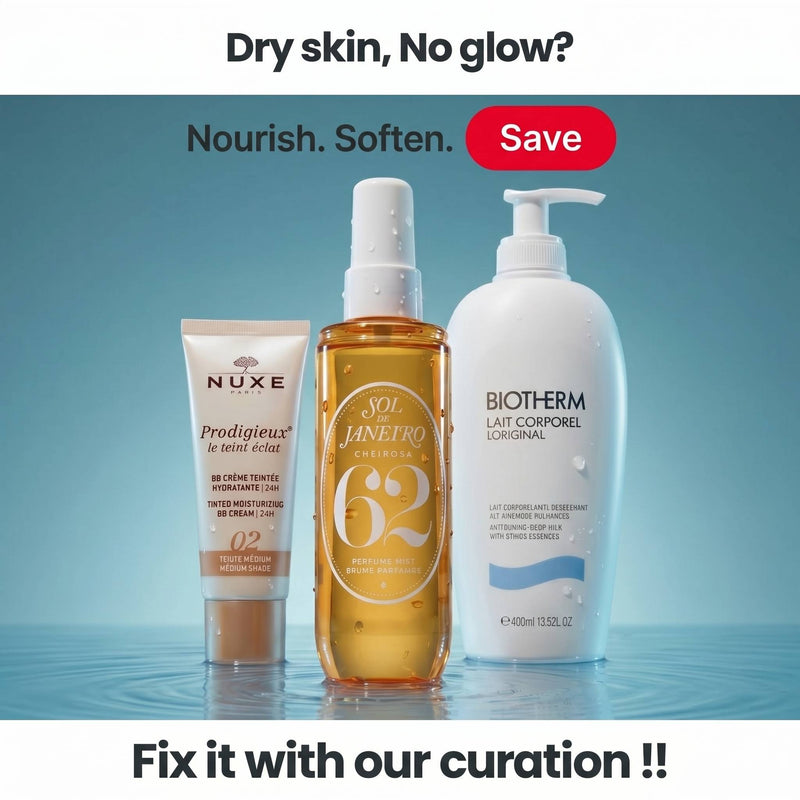 Three skincare products on a blue background with promotional text.
