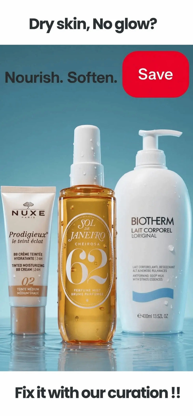 Cosmetic products with a 'Save' button on a blue background