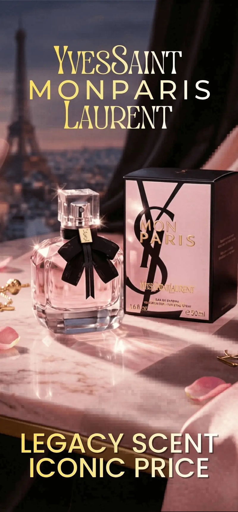 YSL perfume bottle and packaging with Eiffel Tower in the background