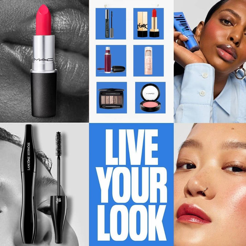Collage of makeup products including lipstick, mascara, and a woman applying makeup with text 'Live Your Look'.