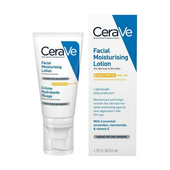 CeraVe AM Facial Moisturising Lotion SPF50 52ml - Normal to Dry Skin, 52 ml for Unisex