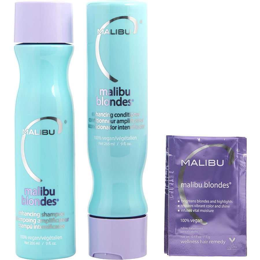 Set-malibu Blondes Enhancing Kit With Shampoo 9 Oz & Conditioner 9 Oz & Hair Remedy 0.17 Oz (4 Packets) - U Malibu Hair Care