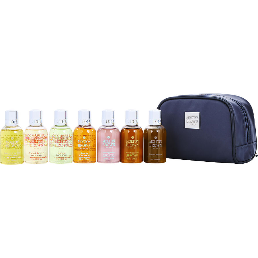 Molton Brown By Molton Brown Airline Exclusive Travel Collection For Men: Orange & Bergamot + Dewy Lily Of The Valley & Star Anise + Eucalyptus + Gingerlily + Pink Pepperpod + Black Peppercorn + Tabacco Absolute + Travel Bag --7 X 50ml/1.7oz Molton Brown