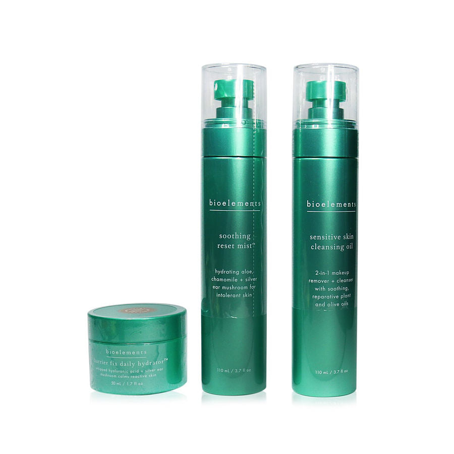 Bioelements 3-Step Starter Set : Sensitive Skin Cleansing Oil 110ml + Soothing Reset Mist Barrier Fix Daily Hydrator 50ml 3pcs
