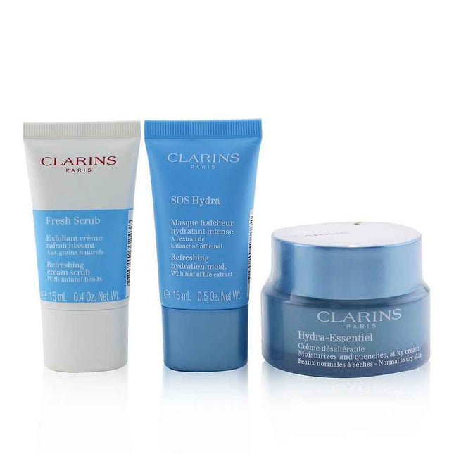 Clarins My Hydrating Essentials Set: Fresh Scrub Cream 15ml + Sos Hydra Hydration Mask Hydra-Essential Moisturizer 50ml --3pcs