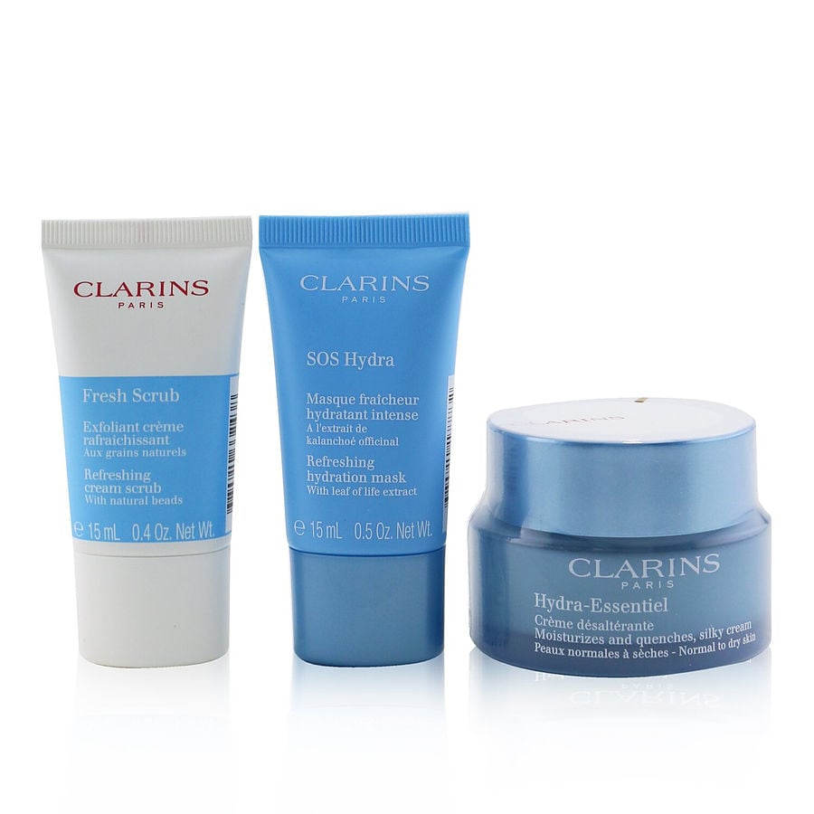 Clarins My Hydrating Essentials Set: Fresh Scrub Cream 15ml + Sos Hydra Hydration Mask Hydra-Essential Moisturizer 50ml --3pcs