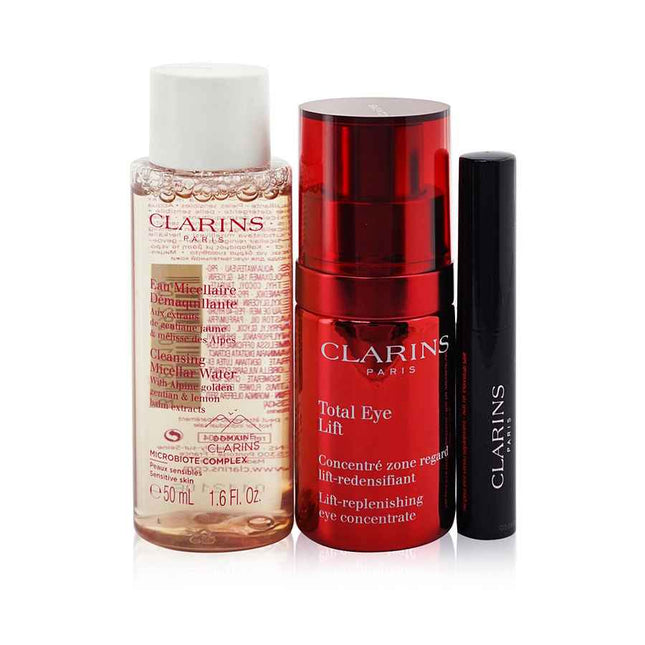 Clarins Total Eye Routine: Lift 15ml+ Cleansing Micellar Water 50ml+ Wonder Perfect Mascara 4d #01 --3pcs+1bag