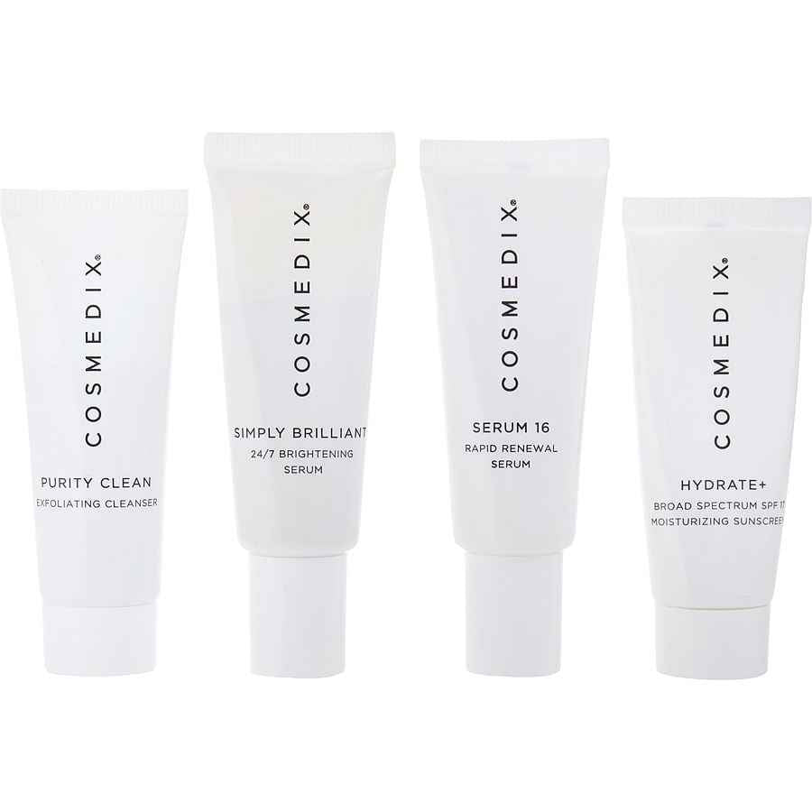 Cosmedix Even Skin Tone 4-Piece Essentials Kit: Purity Clean + Simply Brilliant Serum 16 Hydrate+ 4x15ml/0.5oz