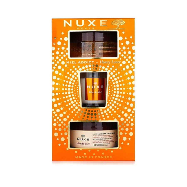 Nuxe Honey Lover Set: Deliciously Nourishing Body Scrub 175ml + Melting Oil Balm 200ml Reve De Miel Indoor Candle 70g --3pcs