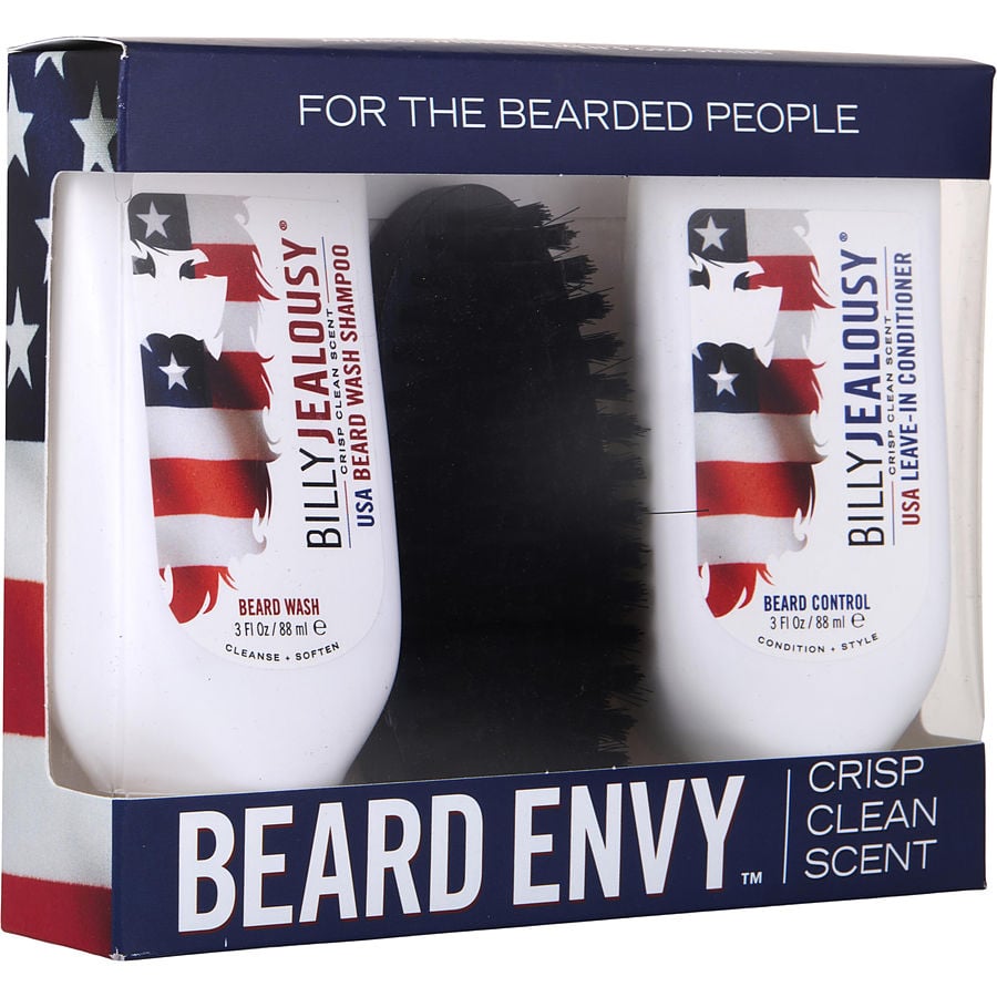 Beard Envy Kit Crisp Clean Scent: Usa Beard Wash Shampoo + Usa Beard Control Conditioner + Reinforced Boar Bristle Brush --2x88ml/3oz + Brush Billy Jealousy