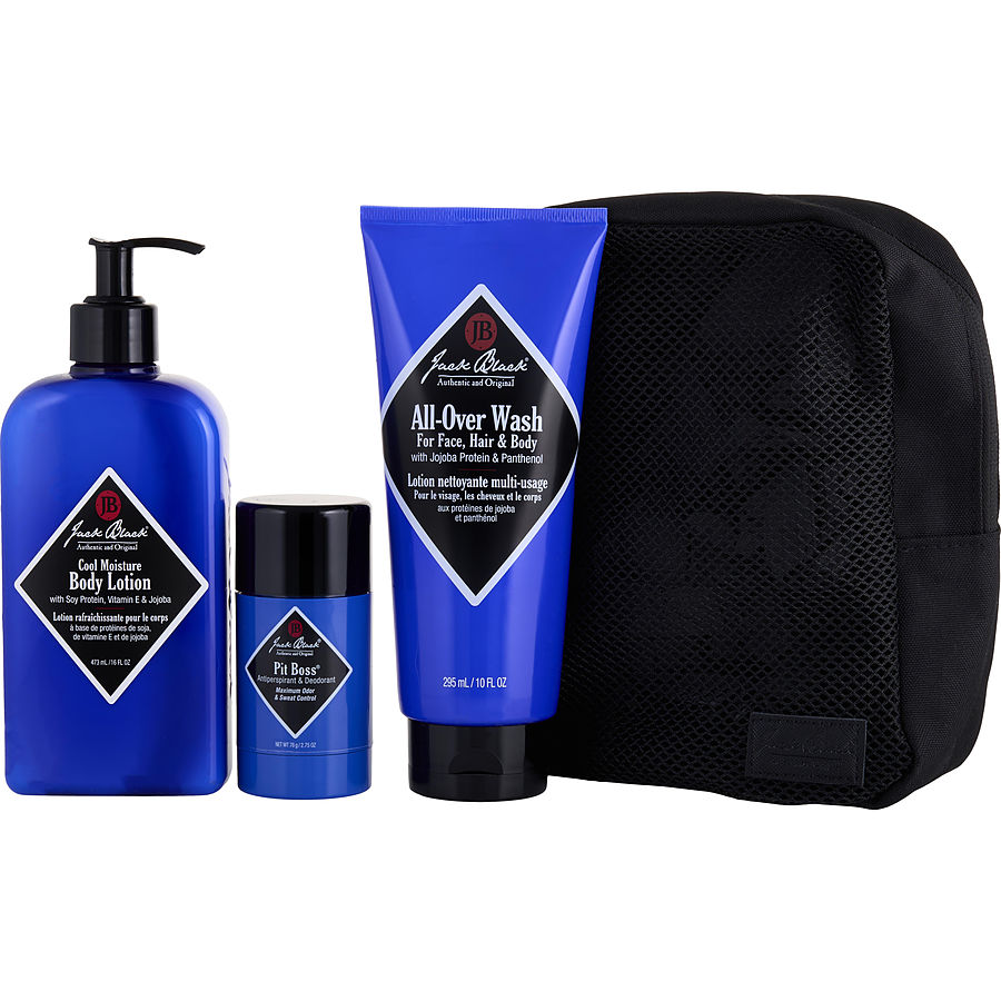 Jack Black Clean & Cool Body Basics Kit: All-Over Wash For Face, Hair 300 ml + Pit Boss Antiperspirant Deodorant 81 Moisture Lotion 470 +Sustainable Bag--4 Pcs