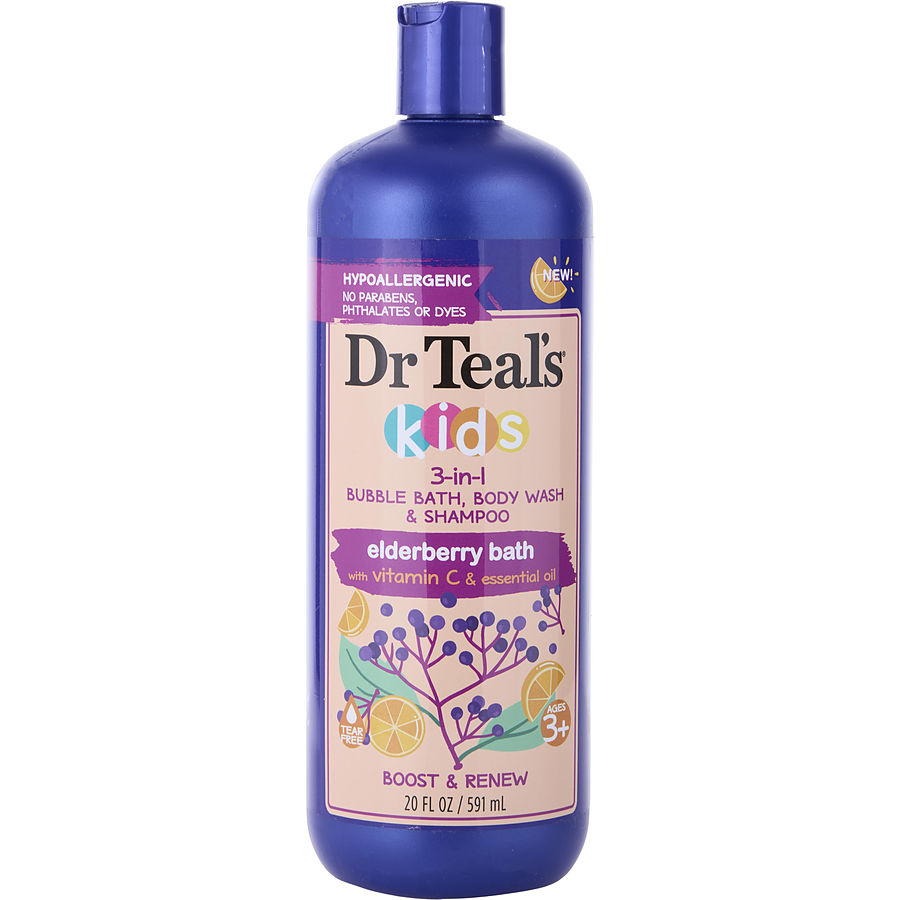 Dr. Teal's Kids 3-In-1 Bubble Bath, Body Wash & Shampoo Eldeberry Bath With Vitamin Essential Oils 591ml/20oz