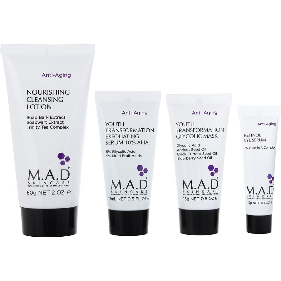 Discover Anti-aging: Cleansing Lotion 60ml + Exfoliating Serum 14.7g + Glycolic Mask 14.7g + Retinol Eye Serum 7.3g --4pcs M.a.d. Skincare