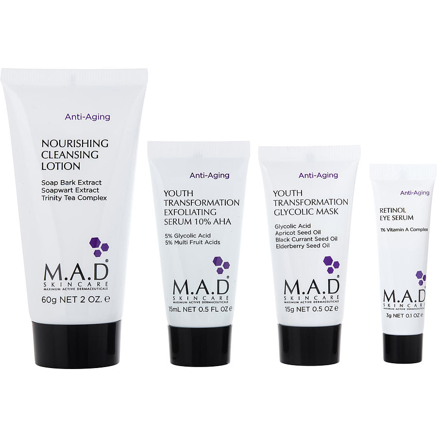 M.A.D. Skincare Discover Anti-Aging: Cleansing Lotion 60ml + Exfoliating Serum 14.7g Glycolic Mask Retinol Eye 7.3g --4pcs