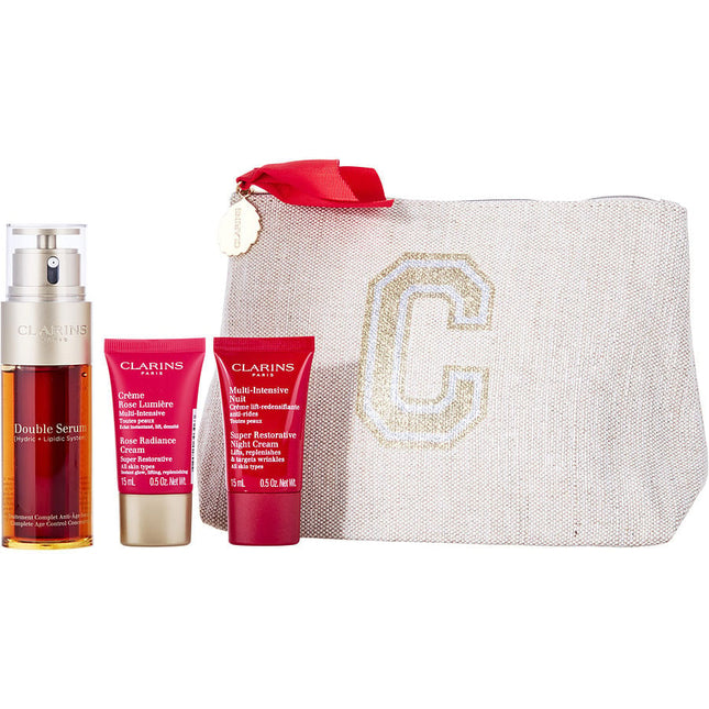 Double Serum And Super Restorative Collection Set: Double Serum 50ml + Super Restorative Rose Radiant Day Cream 15ml + Super Restorative Night Cream 15ml + Double Serum Eye 0.9ml --4pcs+pouch Clarins