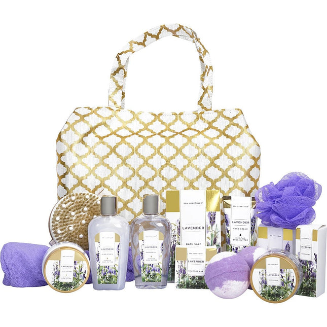 Spa Luxetique Lavender Fashion Bath Tote: Shower Gel + Bubble Salt Body Scrub Hand Cream Lotion Massage Oil Shampoo Bar Soap 2x Bombs Loofah Brush Hair Drying Towel Tote Bag --13pcs