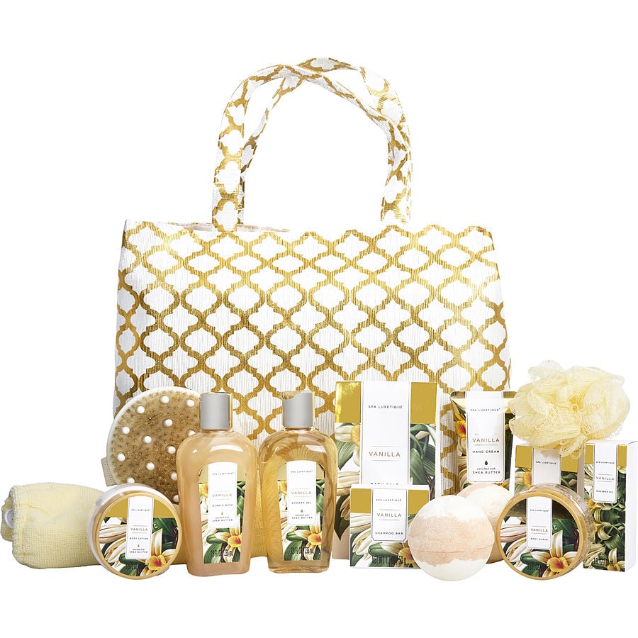 Vanilla Fashion Bath Tote: Shower Gel + Bubble Bath + Bath Salt + Body Scrub + Hand Cream + Body Lotion + Massage Oil + Shampoo Bar + Soap + 2x Bath Bombs + Bath Loofah + Body Brush + Hair Drying Towel + Tote Bag --13pcs + Bag Spa Luxetique