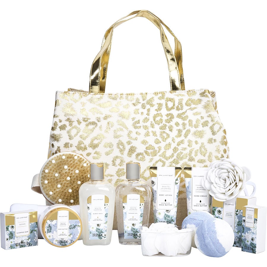 White Jasmine Fashion Bath Tote: Shower Gel + Bubble Bath + Bath Salt + Body Butter + Hand Cream + Body Lotion + Essential Oil + Shampoo Bar + 2x Bath Bombs + Hair Towel + Body Brush + Sponge + Soap Petals + Tote --13pcs + Bag Spa Luxetique