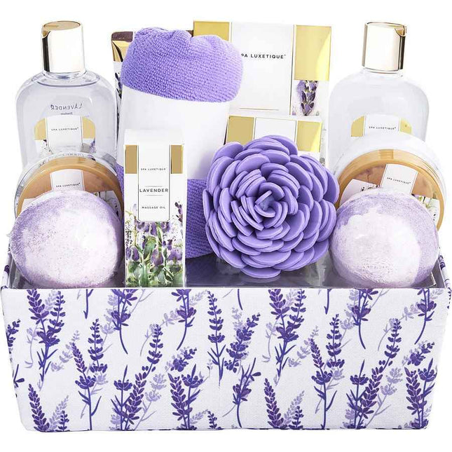 Spa Luxetique Lavender Bath & Shower Basket: Gel + Bubble Body Lotion Hand Cream Massage Oil Salt Scrub Soap 2x Bombs Loofah Hair Drying Towel Handmade Box --10pcs