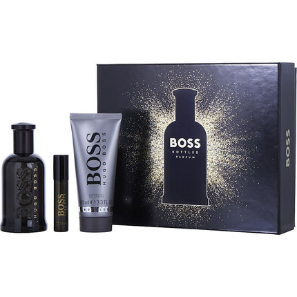 BOSS bottled perfume set with black and silver bottles and packaging on a white background
