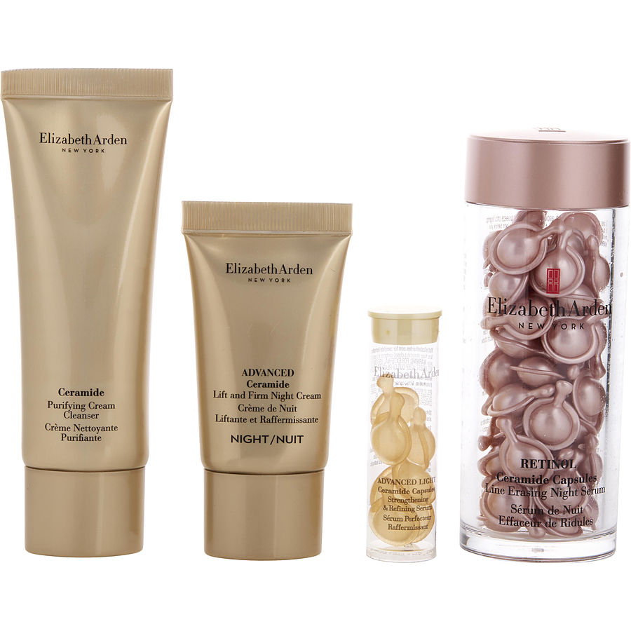 Retinol Smooth & Renew Set: Retinol Ceramide Capsules Line Erasing Night Serum 60pcs + Advanced Ceramide Lift And Firm Night Cream 0.5oz + Advanced Ceramide Light Capsules 7pcs + Ceramide Purifying Cream Cleanser 1.7oz --4pcs Elizabeth Arden