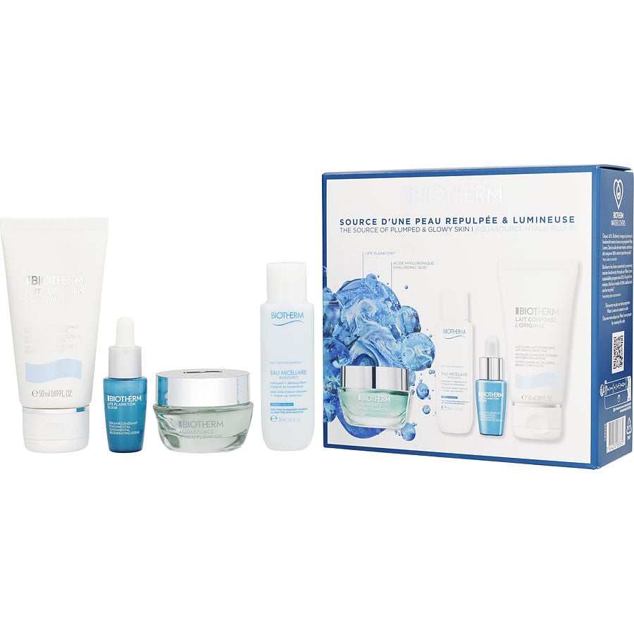 Aquasource Hyalu Plump Gel Set: Life Plankton Elixier 7ml + Aquasource Hyalu Plump Gel 15ml + Biosource Miccelair Water 30ml + Lait Corporel L'original 50ml --4pcs Biotherm