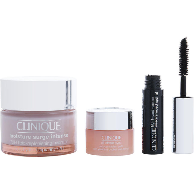 Glow And Go Bold Set: Moisture Surge&trade; Intense 72h Lipid-replenishing Hydrator 50ml/1.7oz +all About Eyes 5ml/0.17oz + High Impact Mascara 3.5ml/0.14oz