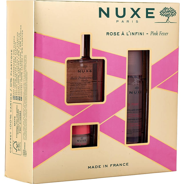 Pink Fever Set: Huile Prodigieuse Florale 50ml + Very Rose Soothing Micellar Water 3-in-1 100ml + Very Rose Lip Balm With Rose 15ml --3pcs Nuxe