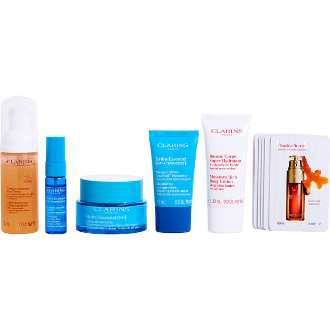 Blue Bag Hydra Essential Set: Ha2 Cream 50ml + Hydra Mask 15ml + Bi-serum Trial 10ml + Gentle Renewing Cleansing Mousse 50ml+ Baume Corps Super Hydratant 30ml + Double Serum Samples 7*0.03oz+ Bag --5pcs+bag Clarins