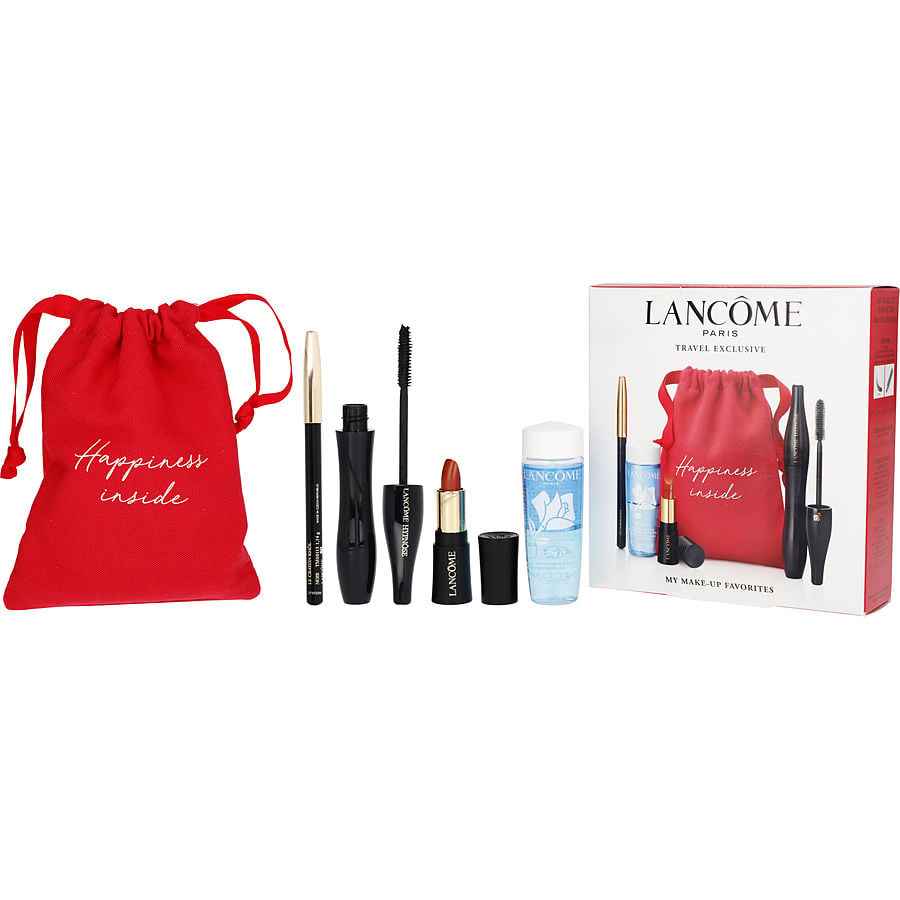 Lancome Happiness Inside Mascara Set: Hypnose Noir + Crayon Khol Pencil 1.14g L'Absolu Shaping Cream Lipstick # 274 French Tea 1.6g Bi-Facil I 30ml --4pcs+ Pouch