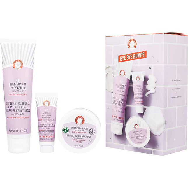 First Aid Beauty Bye Bumps Kit: Kp Bump Eraser Body Scrub 10% Aha 120ml + Smoothing Lotion 30ml Ingrown Hair Pads 28pads --3pcs