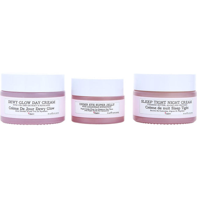 Day To Night Glowing Skin Trio: Dewy Glow Day Cream 1oz + Under Eye Super Jelly 0.5oz + Sleep Tight Night Cream 1oz --3pcs Thebalm