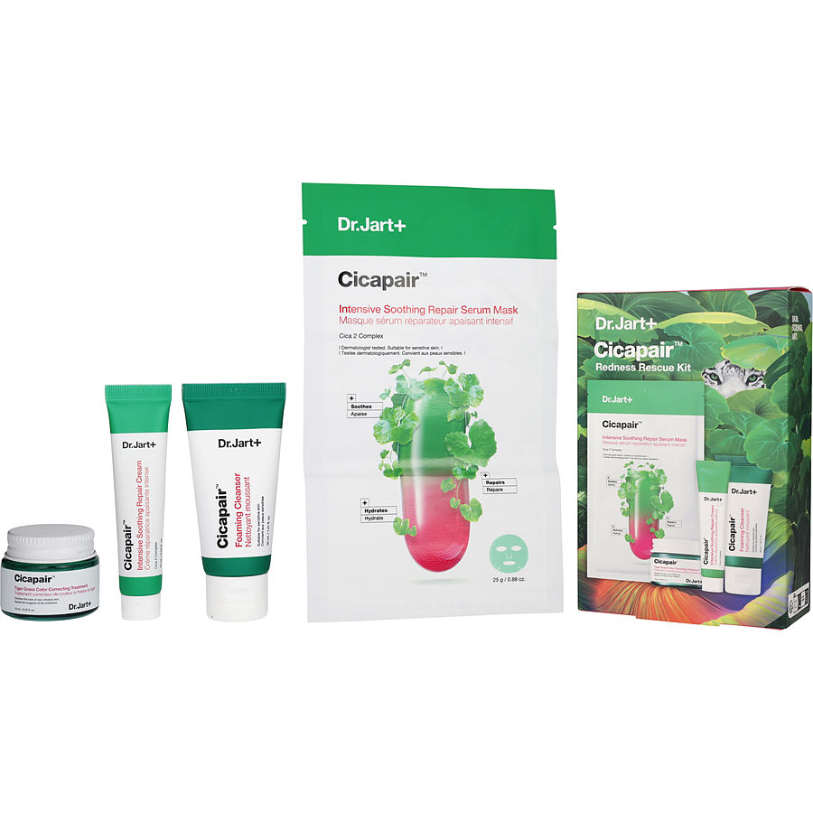 Cicapair Redness Rescue Kit: Cicapair&trade; Foaming Cleanser 30ml + Cicapair&trade; Intensive Soothing Repair Serum Mask 25g + Cicapair&trade; Intensive Soothing Repair Cream 15ml + Cicapair&trade; Tiger Grass Color Correcting Treatment 15ml --4pcs Dr. Jart+