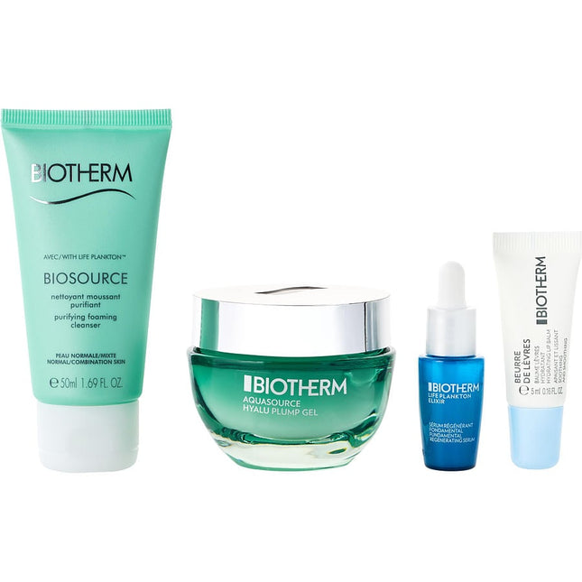 Aquasource Hyalu Routine Set: Aquasource Hyalu Plump Gel 50ml + Biosource Purifying Foaming Cleanser 50ml + Hydrating Lip Balm 5ml + Life Plankton Elixir 7ml --4pcs Biotherm