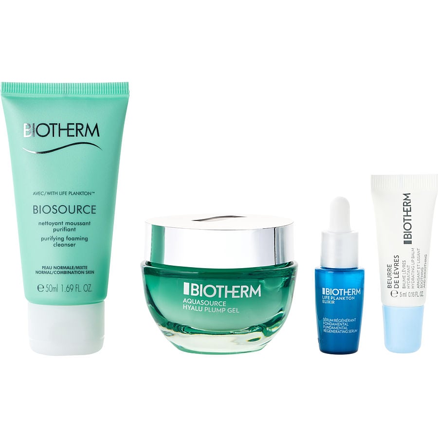 Aquasource Hyalu Routine Set: Aquasource Hyalu Plump Gel 50ml + Biosource Purifying Foaming Cleanser 50ml + Hydrating Lip Balm 5ml + Life Plankton Elixir 7ml --4pcs Biotherm