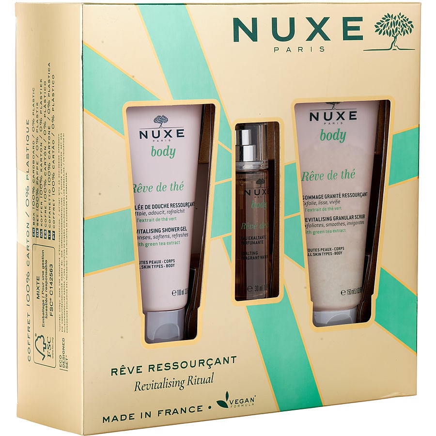 Revitalizing Ritua Set: Reve De The Exalting Perfumed Water 30ml + Rêve De The Revitalizing Shower Gel 100 Ml + Reve De The Exfoliating Granules Revitalizing 150ml --3pcs Nuxe