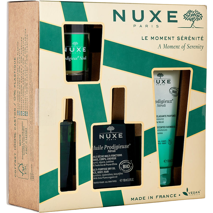 A Moment Of Serenity Set: Huile Prodigieuse Neroli 100ml + Prodigieux Neroli Le Parfum 15ml + Prodigieux Neroli Relaxing Shower Gel + Prodigieux Neroli Candle 70g --4pcs Nuxe