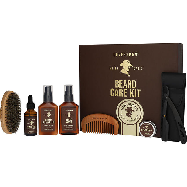 Lovery Beard Care Kit: Wash 60 ml & Detangler Oil 30 Balm 10 Straight Edge Razor W/Pouch Boar Bristle Brush Wooden Comb 10x Blades E-Book Gift Box