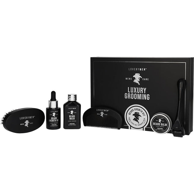Beard Growth Kit: Growth Oil 1 Oz & Beard Balm 0.7 Oz & Beard Wash 2 Oz & Derma Roller & Boar Bristle Brush & Wooden Comb & E-book & Gift Box Lovery