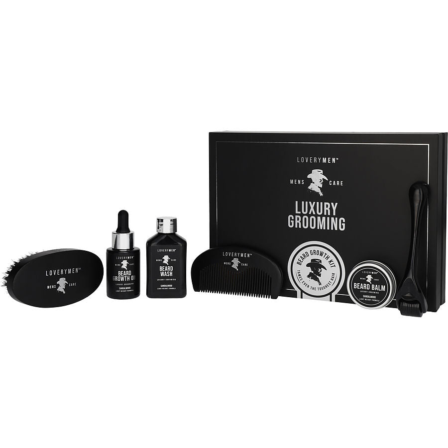 Lovery Beard Growth Kit: Oil 30 ml & Balm 21 Wash 60 Derma Roller Boar Bristle Brush Wooden Comb E-Book Gift Box