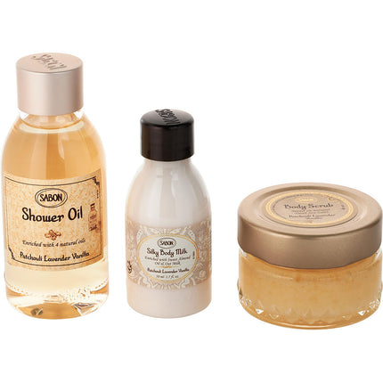 Welcome Kit Patchouli Lavender Vanilla: Shower Oil 100ml +  Body Scrub 60g + Silky Body Milk 50ml --3pcs