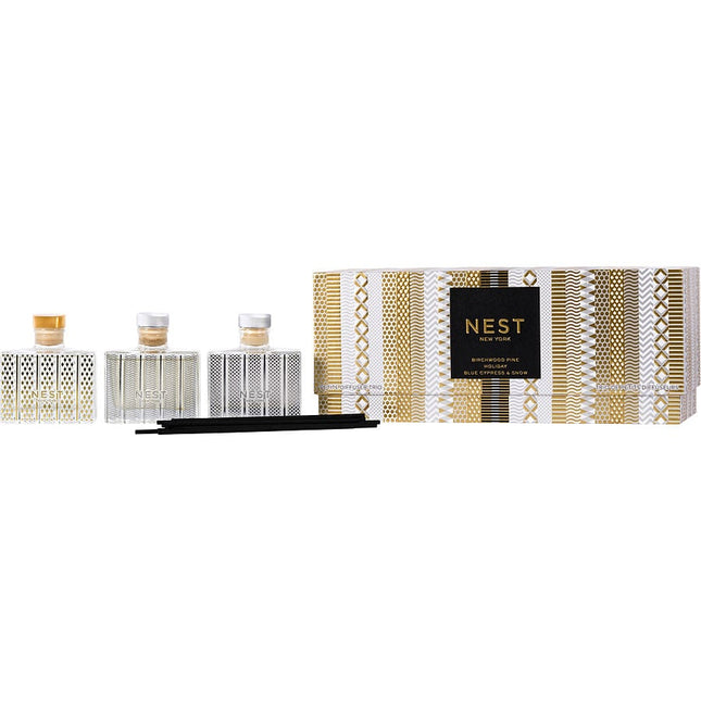 Nest Variety Set: Petite Reed Diffuser Trio: Holiday & Birchwood Pine & Blue Cypress & Snow 3x 40 ml