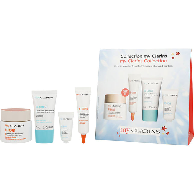 Clarins My Collection Set: Re-Boost Energizing Cream 50ml + Re-Fresh Eye Care 15ml Re-Charge Night Mask Re-Move Cleansing Gel 5ml --4pcs