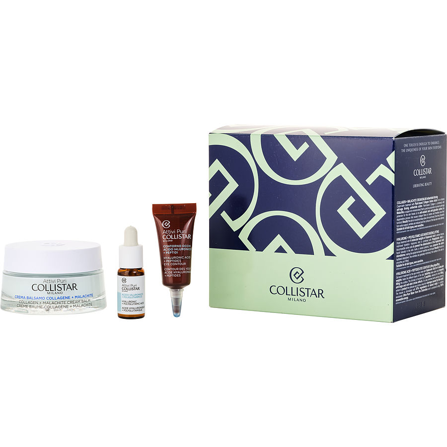 Collistar Attivi Puri Collagen Spring Set: + Malachite Cream Balm 50ml Hyaluronic Polyglutamic Acid 5ml Eye Contour Peptides --3pcs