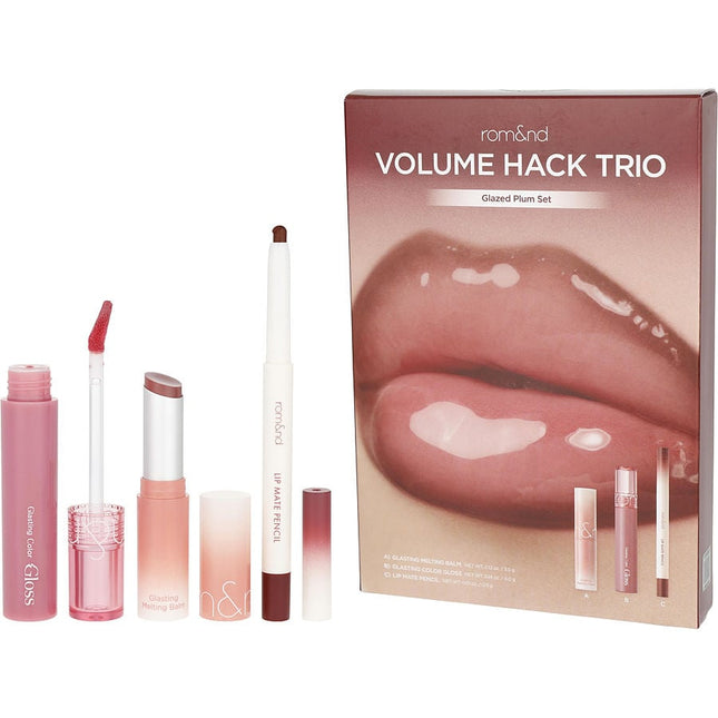 Rom&Nd Volume Hack Trio: Lip Mate Pencil 0.5g + Glasting Melting Balm 3.5g + Glasting Color Gloss 4g - Glazed Plum --3pcs