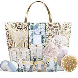 White Jasmine Fashion Bath Tote: Shower Gel + Bubble Bath + Bath Salt + Body Butter + Hand Cream + Body Lotion + Essential Oil + Shampoo Bar + 2x Bath Bombs + Hair Towel + Body Brush + Sponge + Soap Petals + Tote --13pcs + Bag