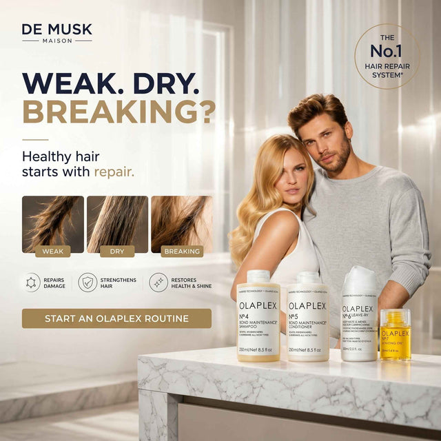 Advertisement for Olaplex hair care products featuring a couple in a modern bathroom setting.
